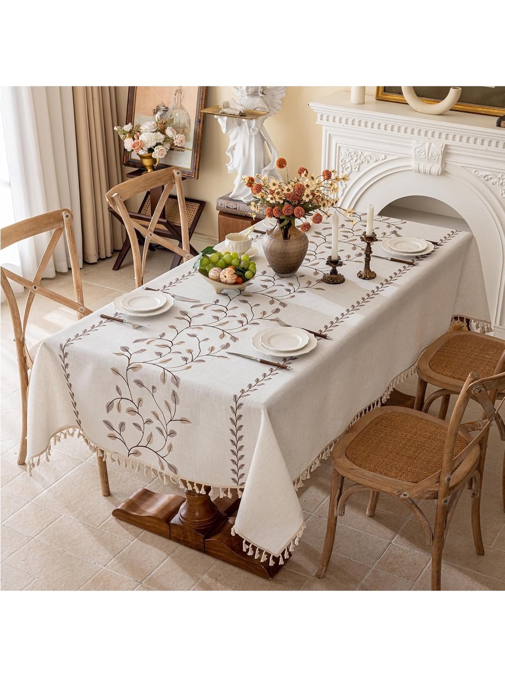 NEW Rectangle Linen, Farmhouse Embroidery Leaves Tablecloth with Tassels